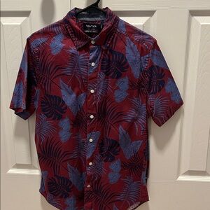 Nautica Burgundy and Navy Leaf Pattern Shirt